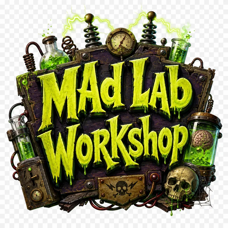 Mad Lab Workshop show art: glowing potions, gauges, and mad science props