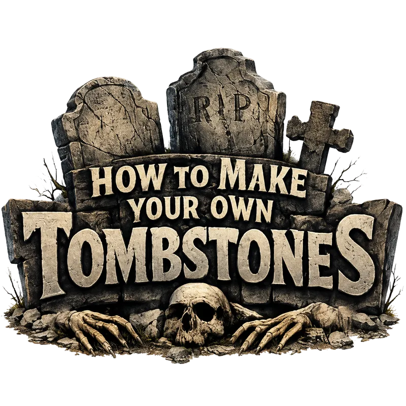 How To Make Your Own Tombstones show art: carved stone letters, skulls, and graveyard props